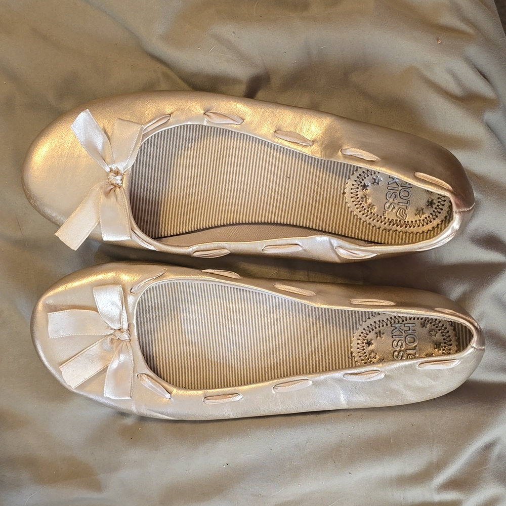 Hot Kiss gold ballerina flats with stitched ribbon and bow